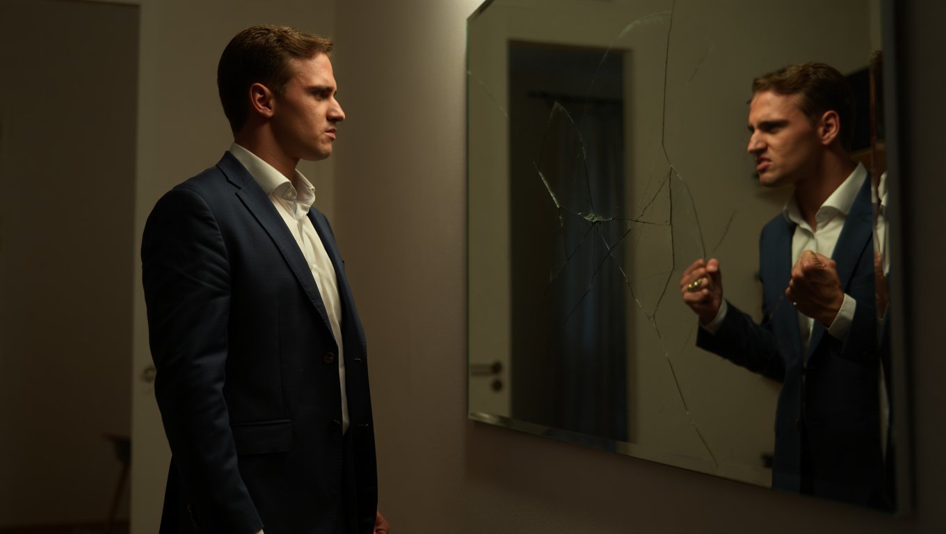 Мужчина в костюме смотрит на свое искаженное отраженеие в разбиотм зеркале