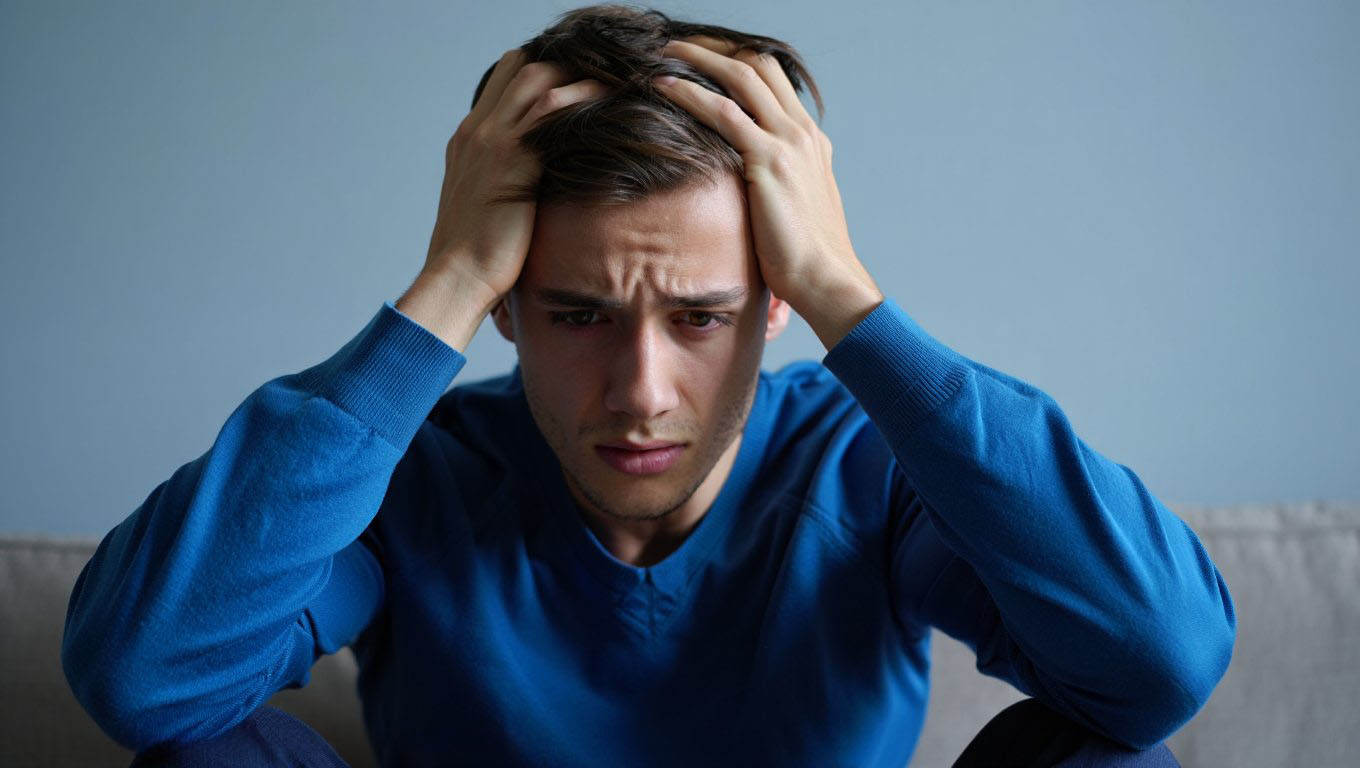 Мужчина держит двумя руками голову и волнуется