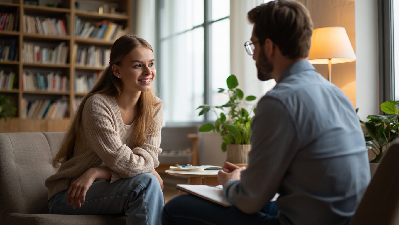 Девушка и психиатр в успокаивающей обстановке